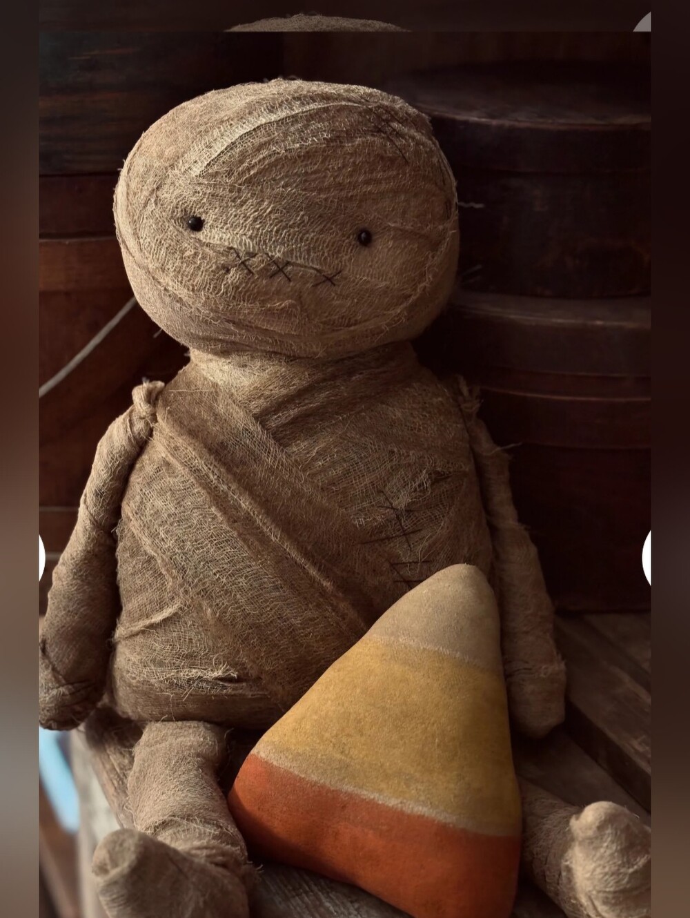 Handmade Rustic Mummy Doll with Candy Corn Pillow - Neutral Tones - Picture 2 of 2